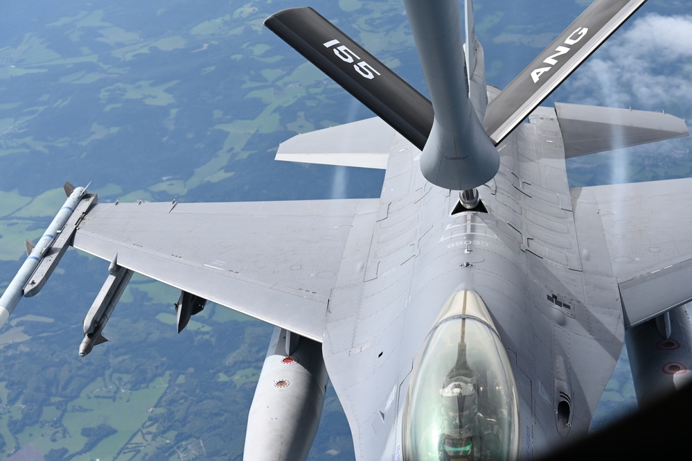 KC-135 refuels F-16 in Ample Strike Exercise