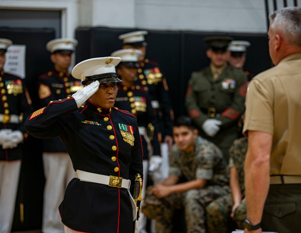 Barracks Marines completed the final evaluation of Ceremonial Drill School