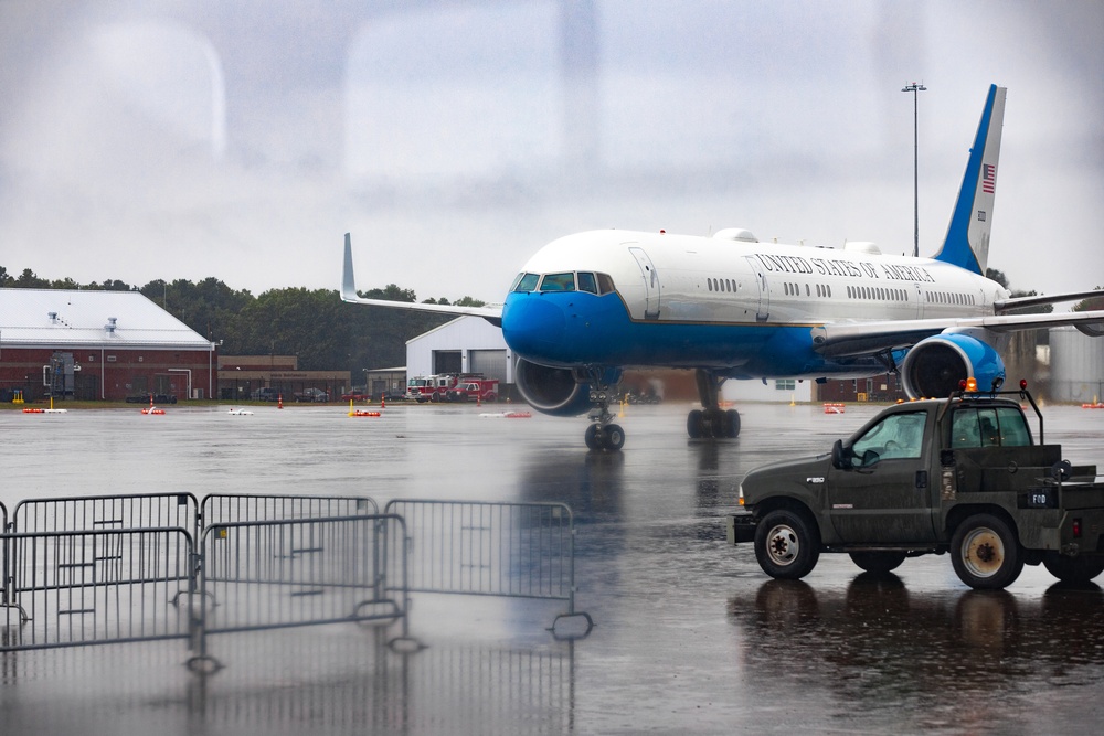 Vice President Kamala Harris lands at Bradley Air National Guard Base