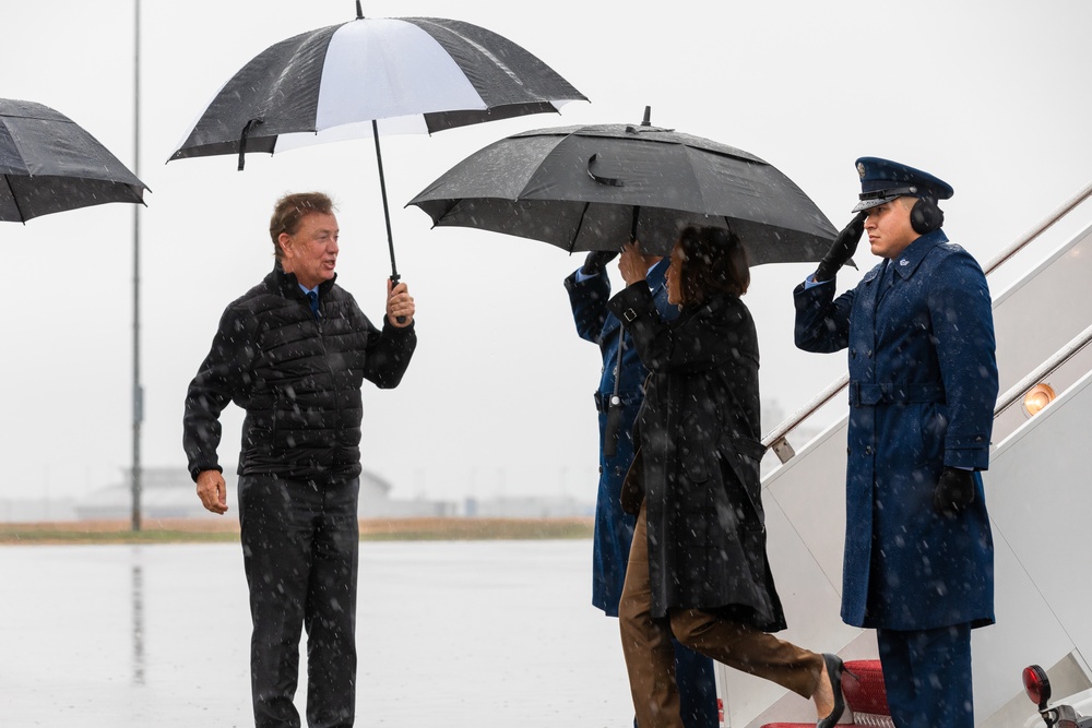 Vice President Kamala Harris lands at Bradley Air National Guard Base