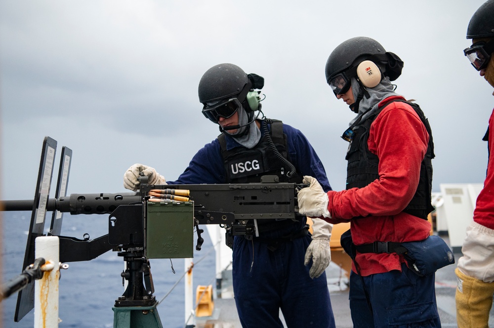 Coast Guard Cutter Hamilton conducts gunnery exercise while underway in the Atlantic Ocean