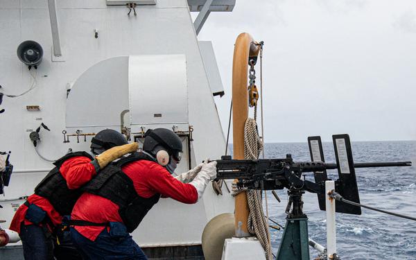Coast Guard Cutter Hamilton conducts gunnery exercise while underway in the Atlantic Ocean