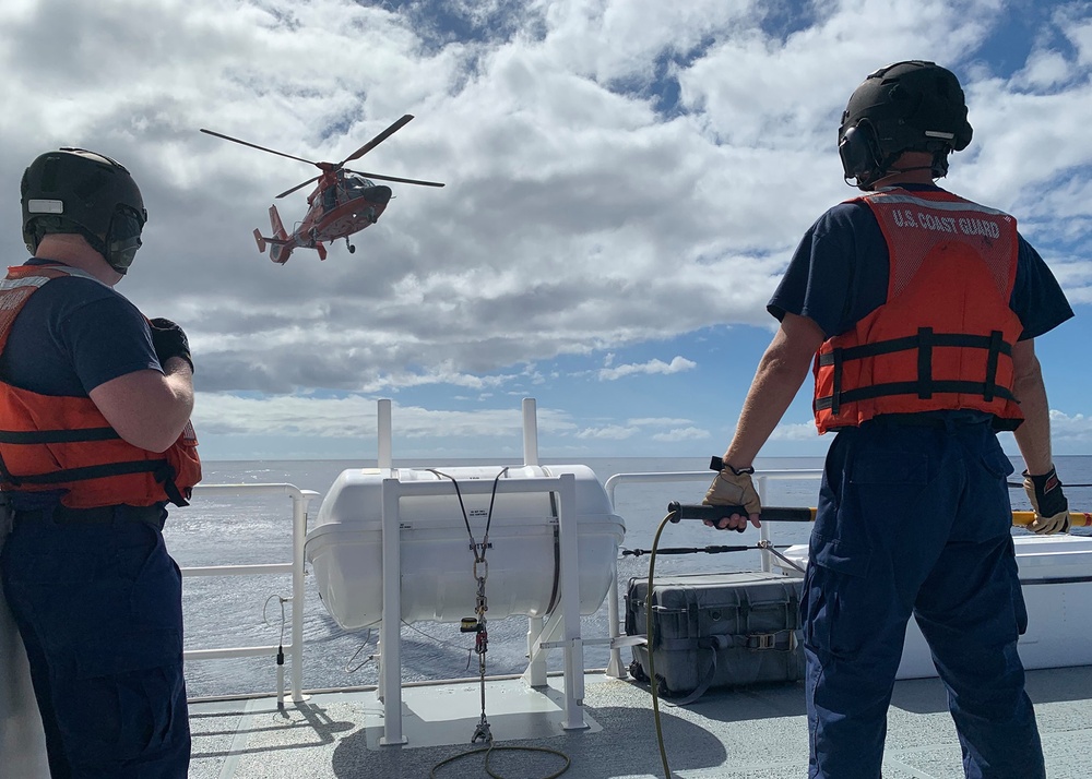 U.S. Coast Guard Cutter Joseph Gerczak (WPC 1126) conducts training with Air Station Barbers Point