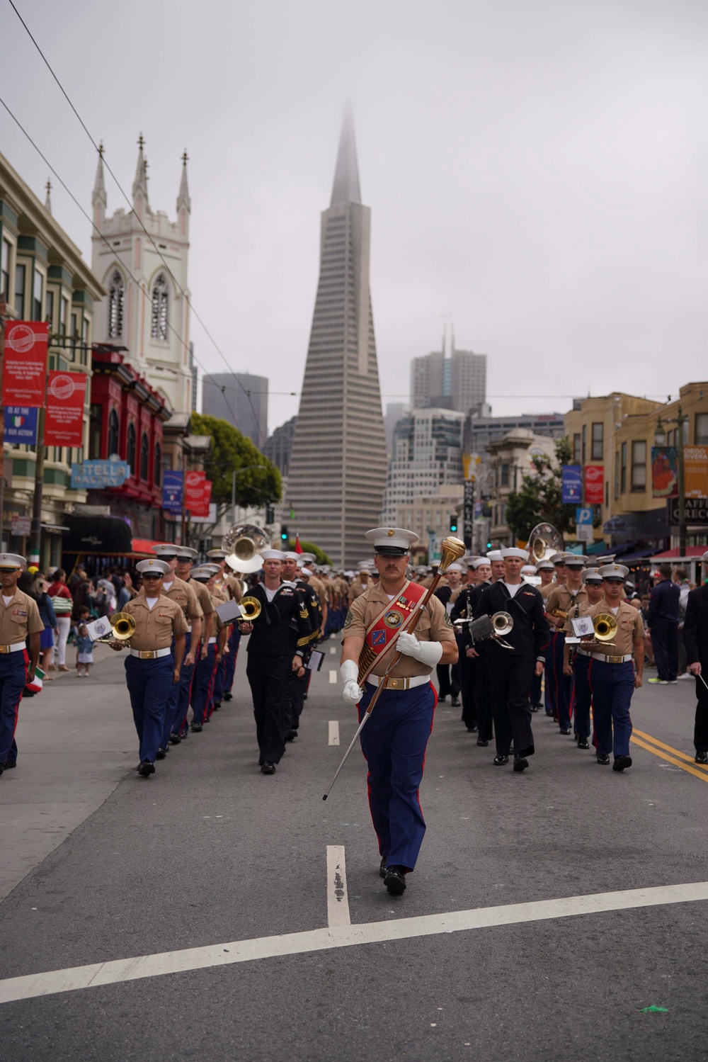 Sailors and Marines March Together During the Italian-American Heritage Parade