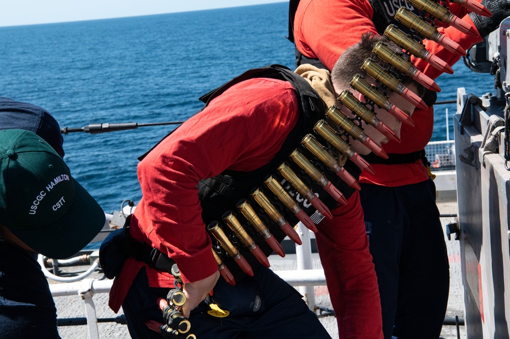 Coast Guard Cutter Hamilton conducts gunnery exercise while underway in the Atlantic Ocean