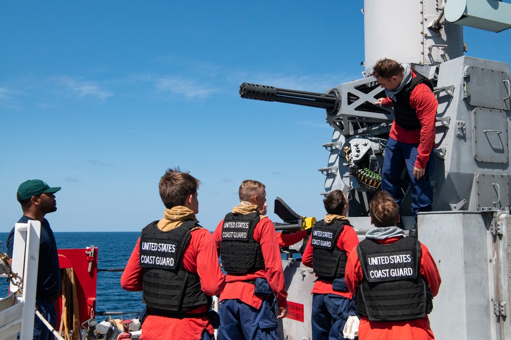 Coast Guard Cutter Hamilton conducts gunnery exercise while underway in the Atlantic Ocean