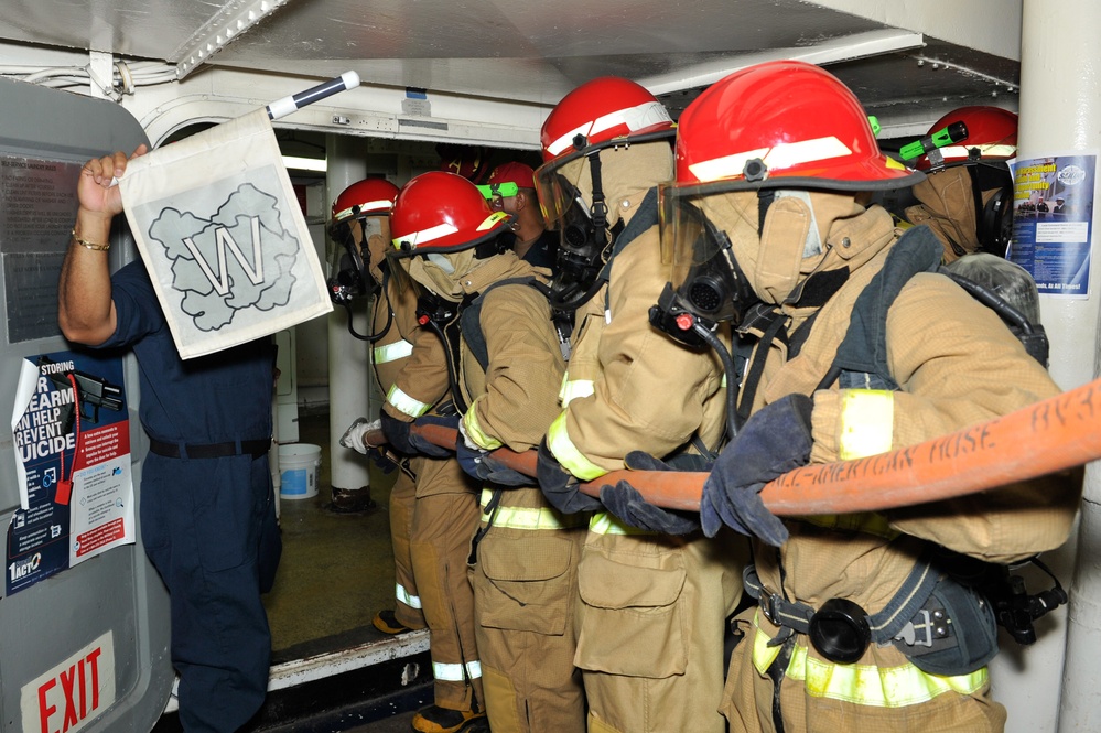 USS Frank Cable (AS 40) Conducts a Fire Drill