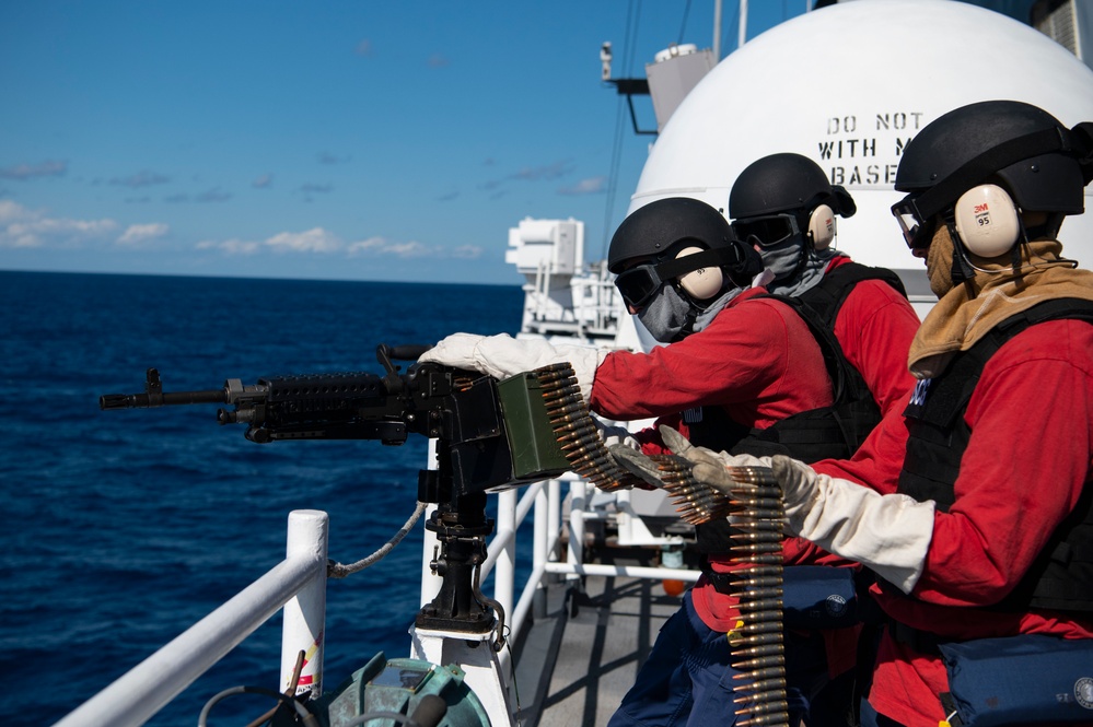 Coast Guard Cutter Hamilton conducts M240 gunnery exercise while underway in the Atlantic Ocean
