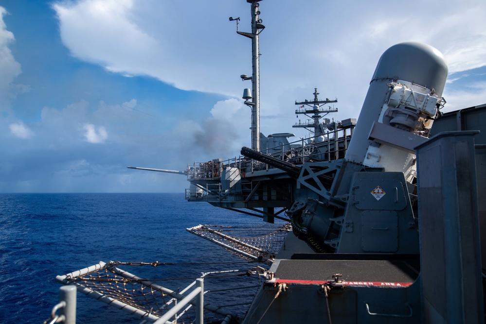 USS Ronald Reagan (CVN 76) conducts pre-aim calibration live-fire exercise