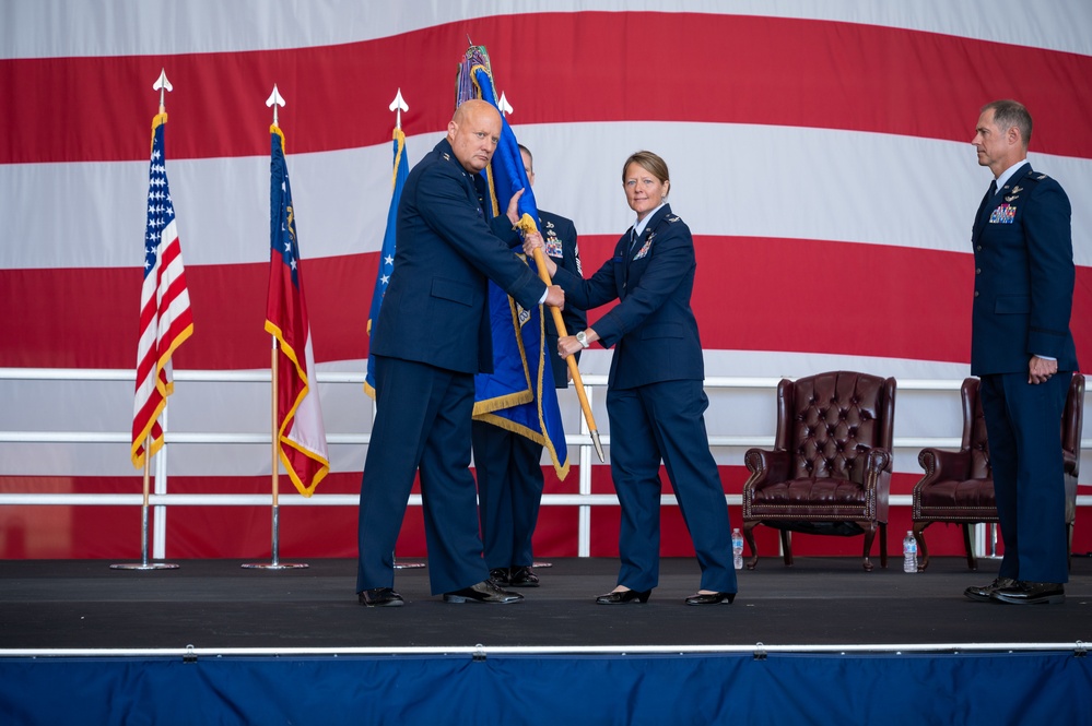 Photo of U.S. Air Force Col. Christopher Dunlap becoming 116th Air Control Wing commander during change-of-command ceremony.