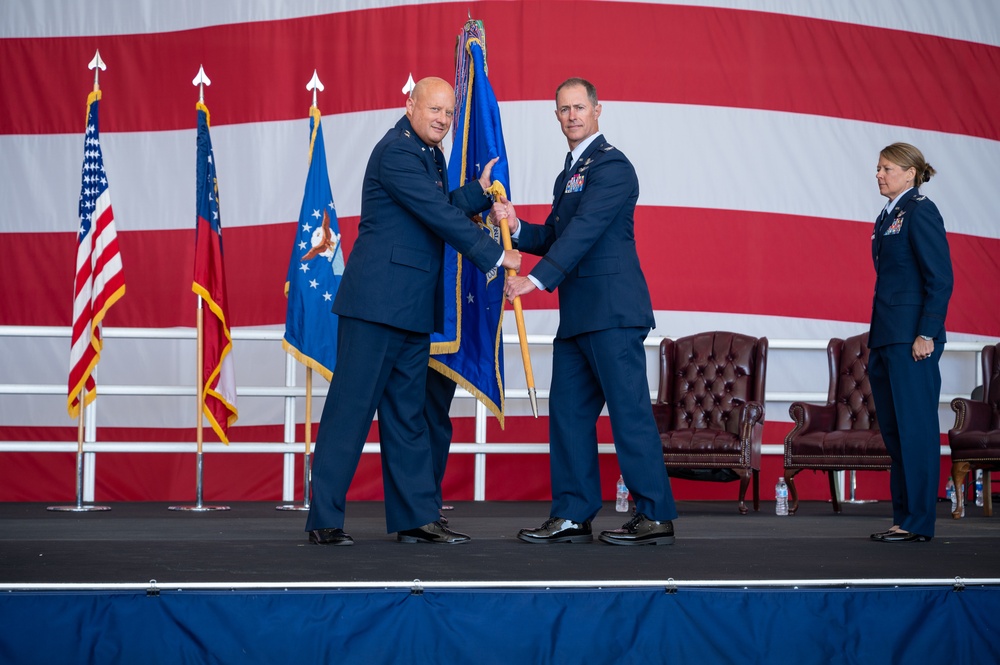 Photo of U.S. Air Force Col. Christopher Dunlap becoming 116th Air Control Wing commander during change-of-command ceremony.