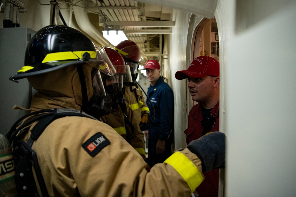 Coast Guard Cutter Hamilton conducts damage control exercises while underway in the Atlantic Ocean