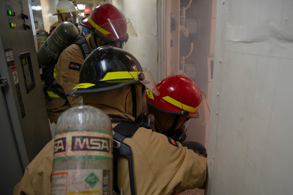 Coast Guard Cutter Hamilton conducts damage control exercises while underway in the Atlantic Ocean