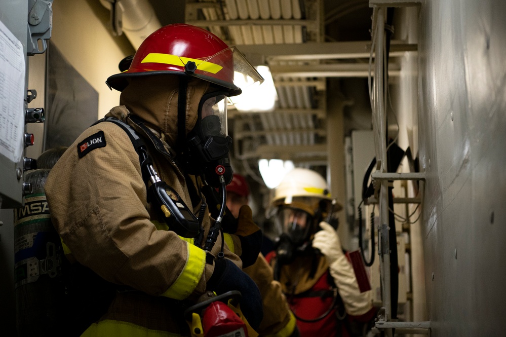 Coast Guard Cutter Hamilton conducts damage control exercises while underway in the Atlantic Ocean