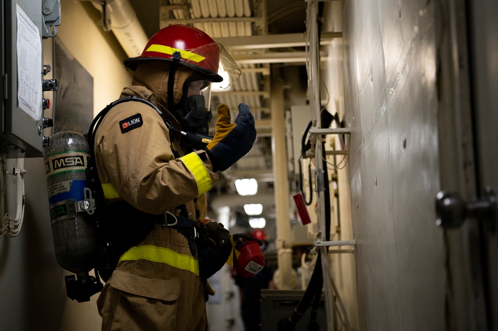 Coast Guard Cutter Hamilton conducts damage control exercises while underway in the Atlantic Ocean