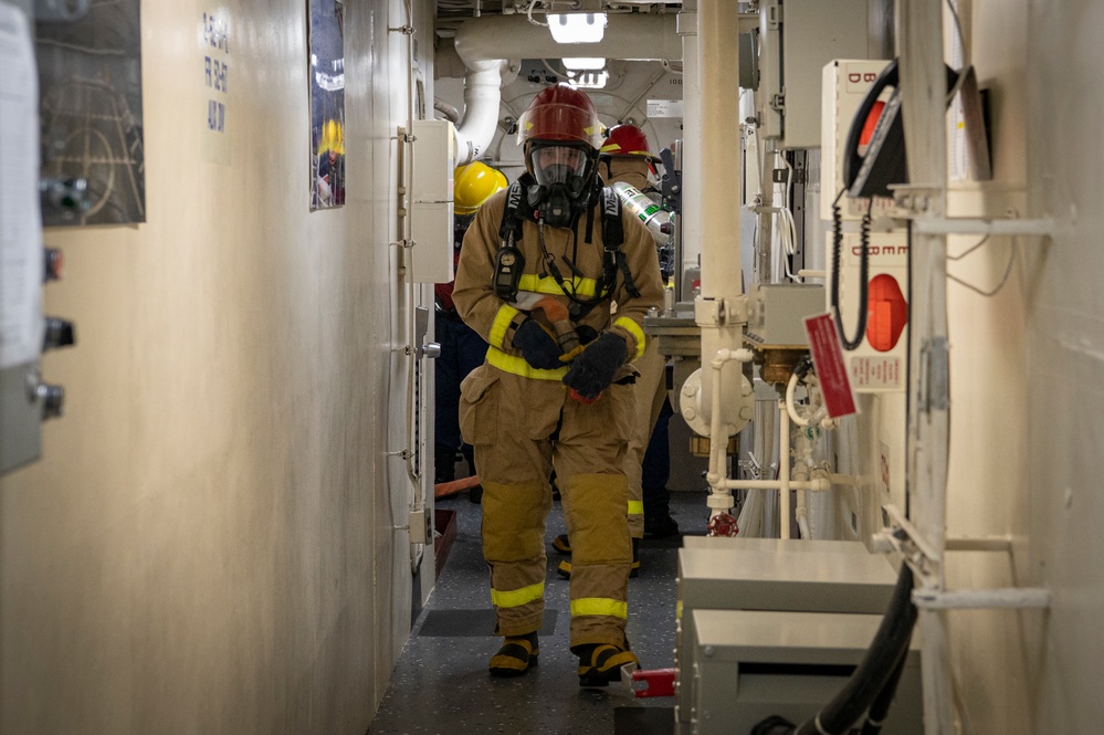 Coast Guard Cutter Hamilton conducts damage control exercises while underway in the Atlantic Ocean