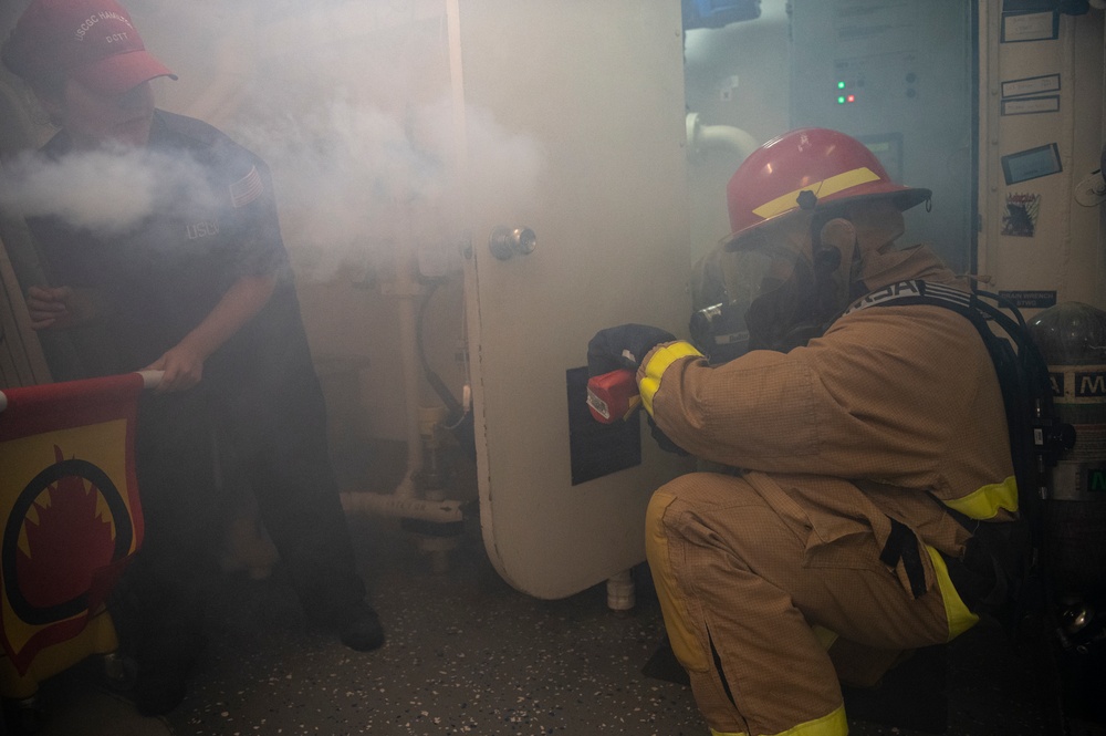 Coast Guard Cutter Hamilton conducts damage control exercises while underway in the Atlantic Ocean