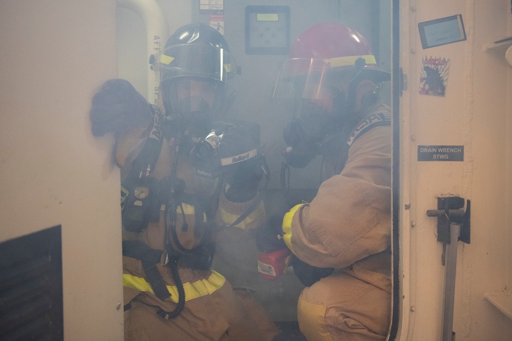 Coast Guard Cutter Hamilton conducts damage control exercises while underway in the Atlantic Ocean