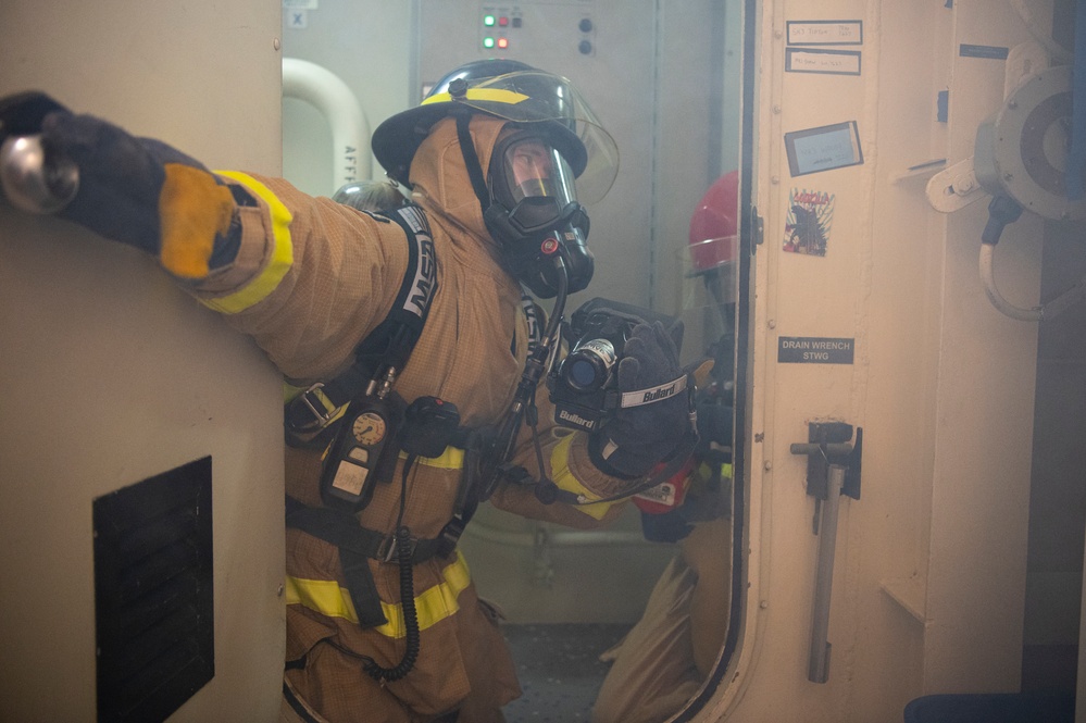 Coast Guard Cutter Hamilton conducts damage control exercises while underway in the Atlantic Ocean