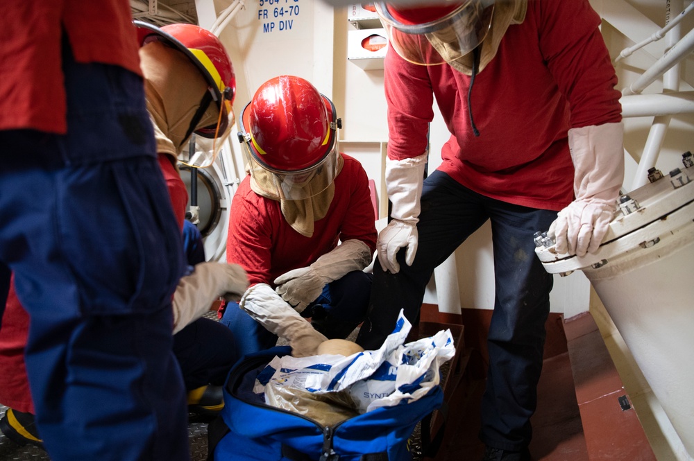 Coast Guard Cutter Hamilton conducts damage control exercises while underway in the Atlantic Ocean