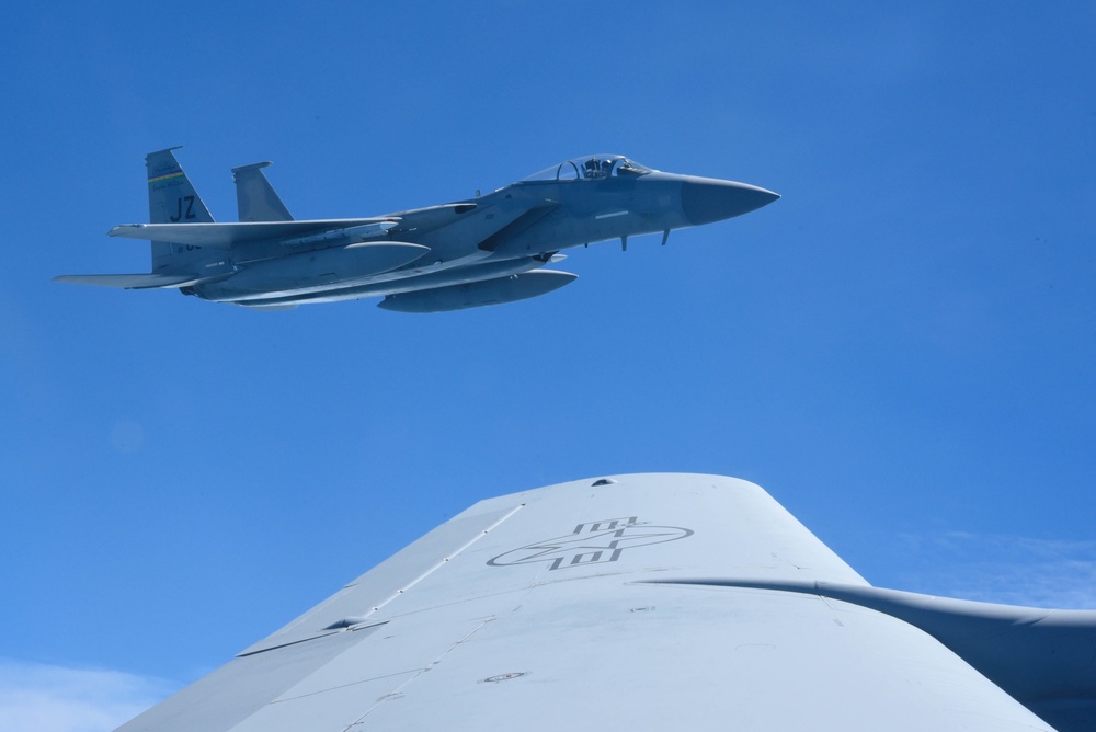 KC-135 Refuels F-16 Falcons and F-15 Eagles