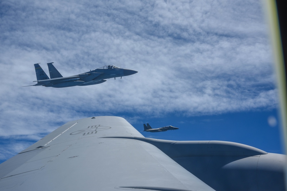 KC-135 Refuels F-16 Falcons and F-15 Eagles