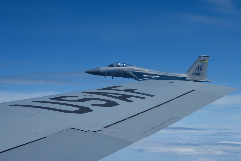 KC-135 Refuels F-16 Falcons and F-15 Eagles