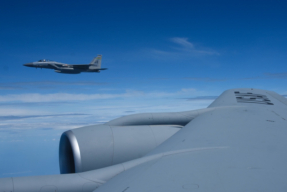 KC-135 Refuels F-16 Falcons and F-15 Eagles