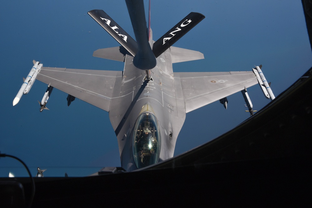 KC-135 Refuels F-16 Falcons and F-15 Eagles