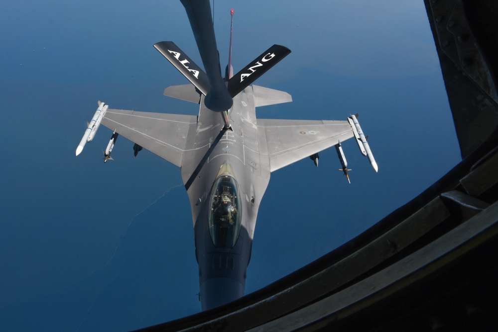 KC-135 Refuels F-16 Falcons and F-15 Eagles