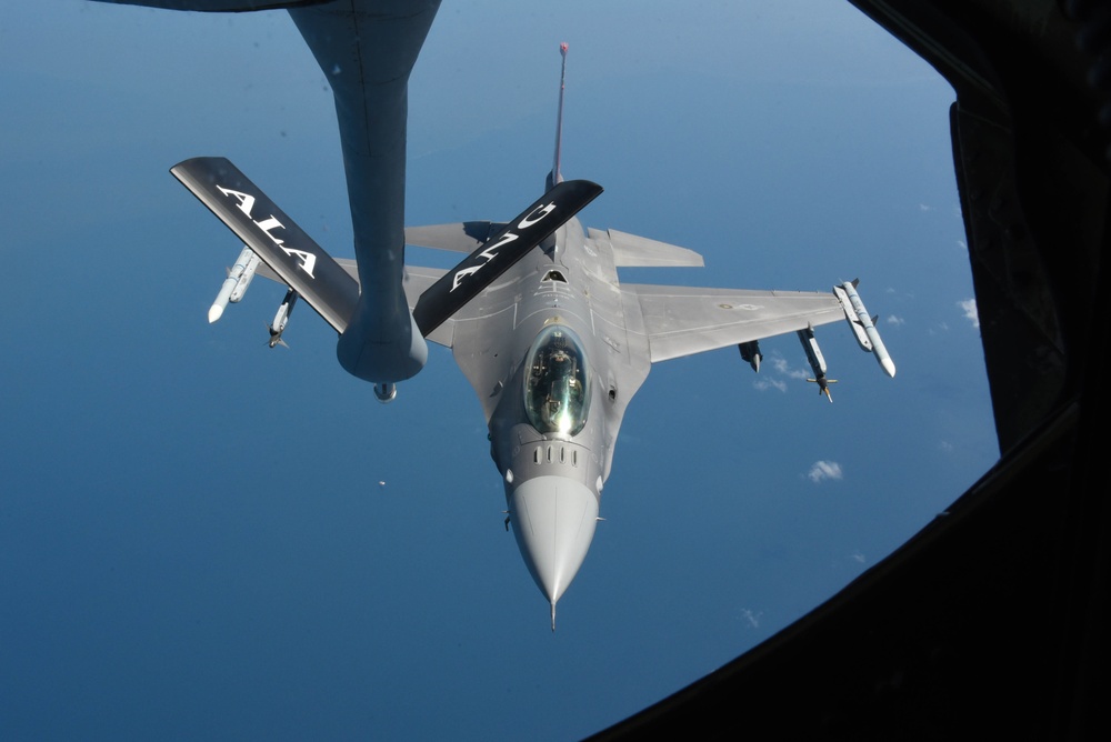 KC-135 Refuels F-16 Falcons and F-15 Eagles