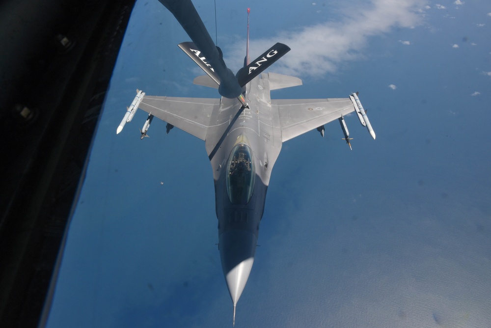 KC-135 Refuels F-16 Falcons and F-15 Eagles