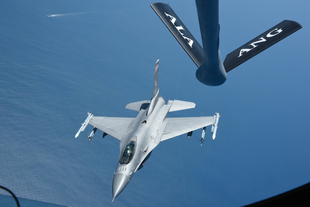 KC-135 Refuels F-16 Falcons and F-15 Eagles