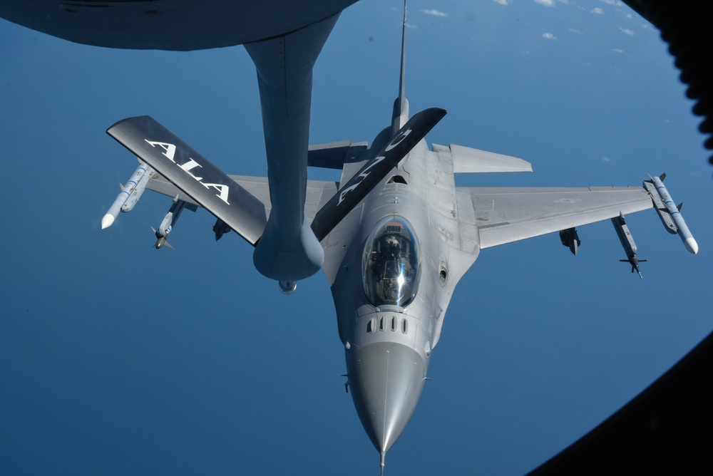 KC-135 Refuels F-16 Falcons and F-15 Eagles