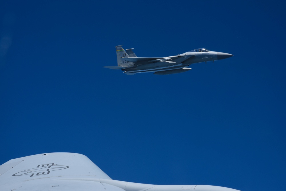 KC-135 Refuels F-16 Falcons and F-15 Eagles