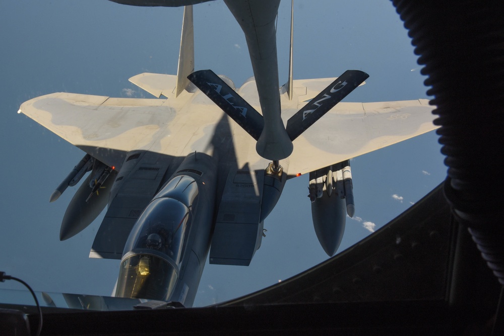 KC-135 Refuels F-16 Falcons and F-15 Eagles