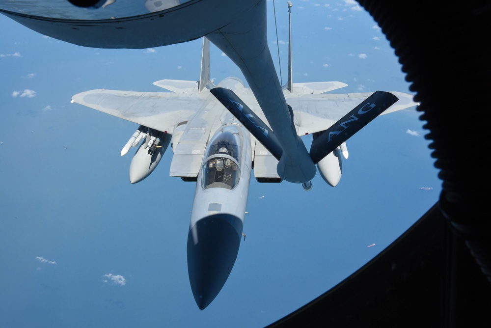 KC-135 Refuels F-16 Falcons and F-15 Eagles