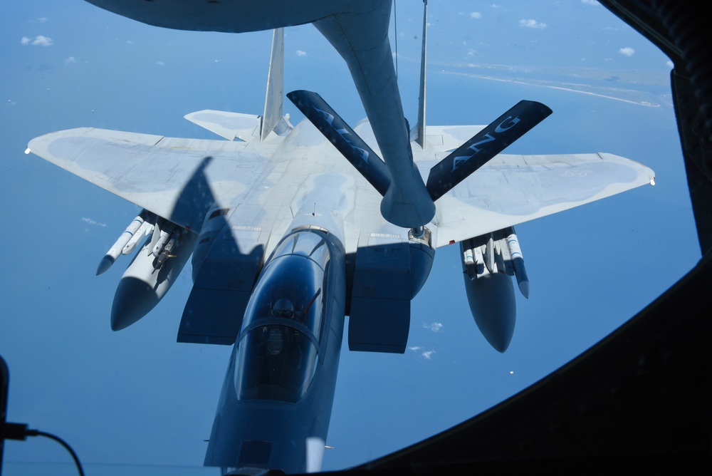 KC-135 Refuels F-16 Falcons and F-15 Eagles