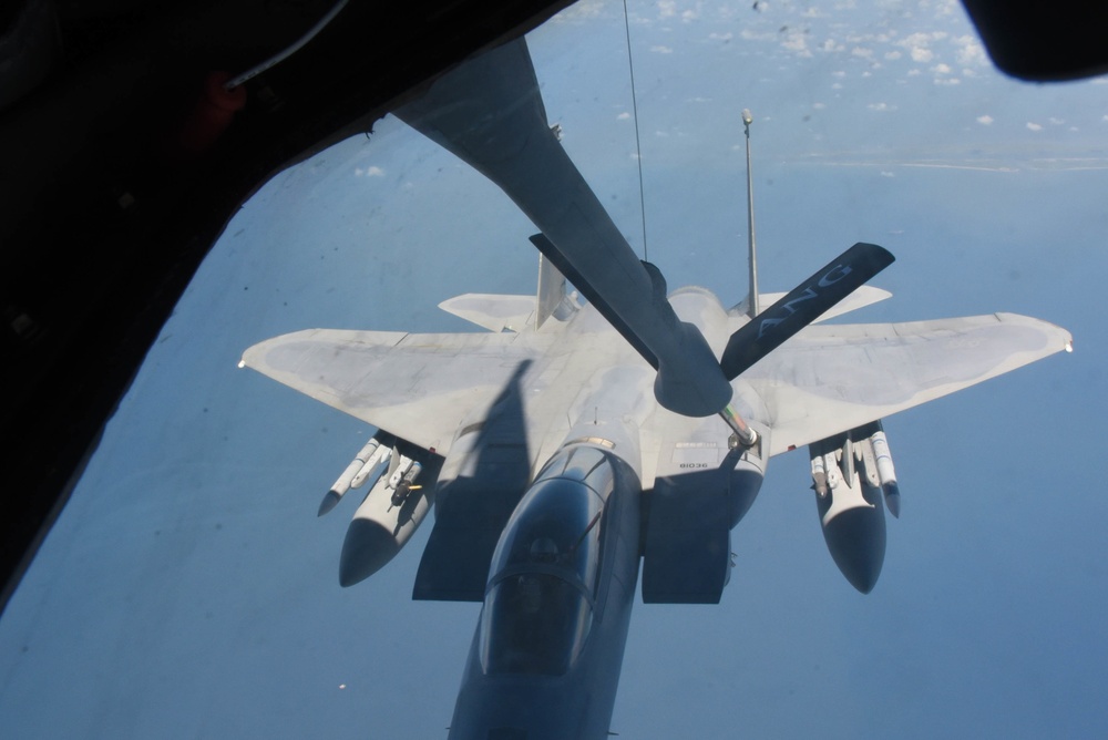 KC-135 Refuels F-16 Falcons and F-15 Eagles