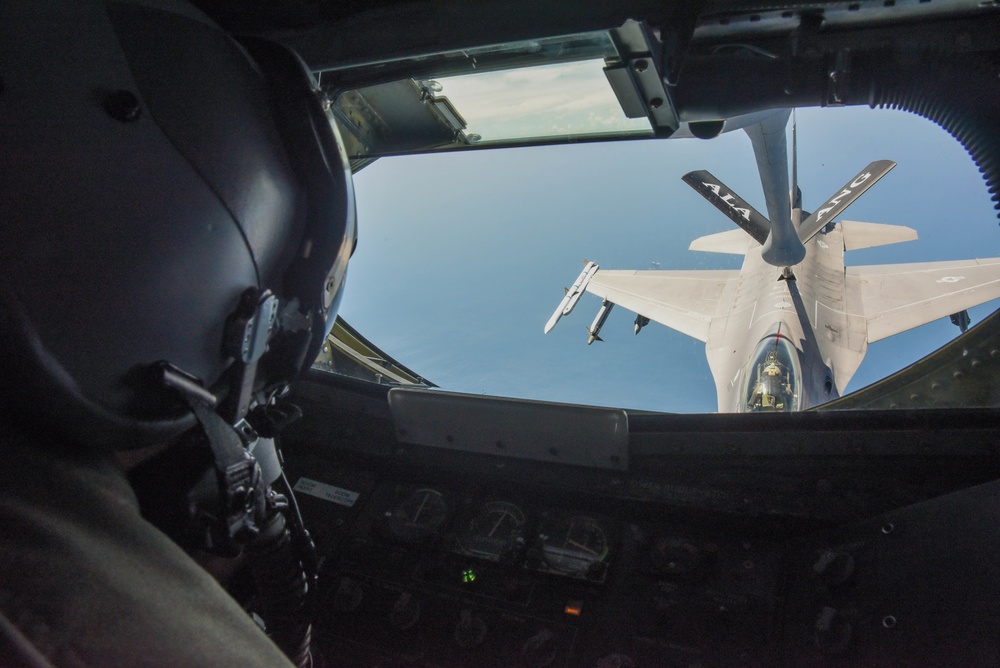 KC-135 Refuels F-16 Falcons and F-15 Eagles