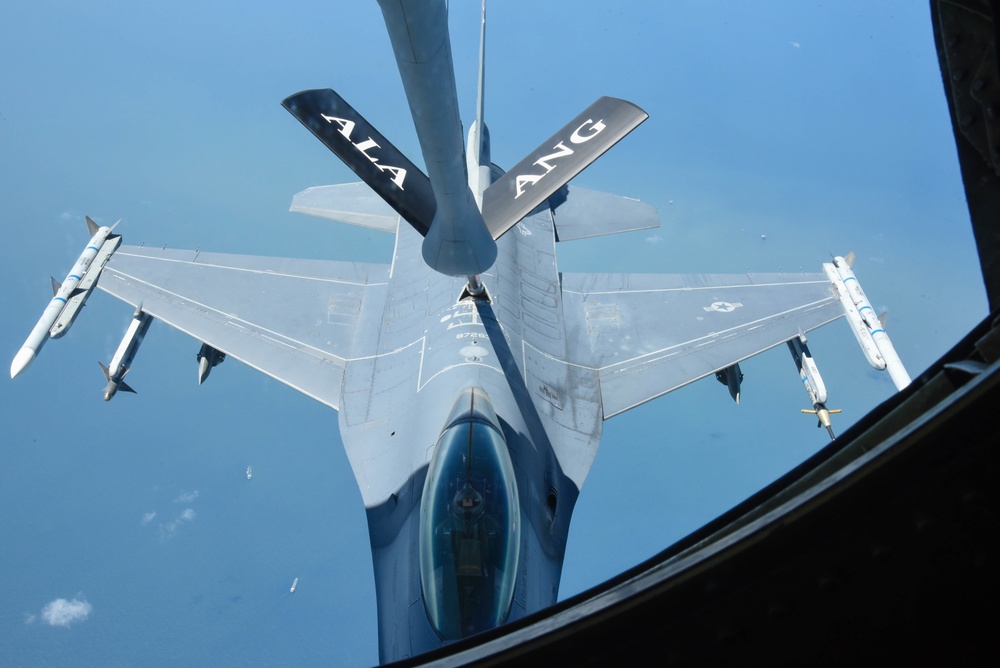 KC-135 Refuels F-16 Falcons and F-15 Eagles