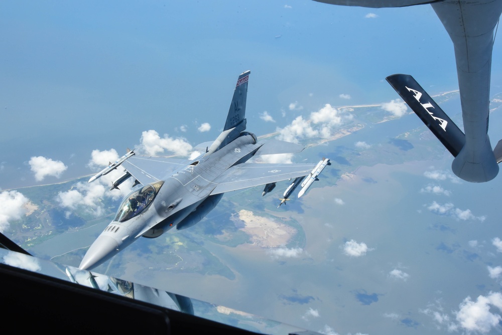 KC-135 Refuels F-16 Falcons and F-15 Eagles