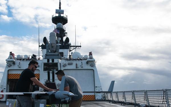 ScanEagle UAS team launches drone from Coast Guard Cutter Hamilton while underway in the Atlantic Ocean