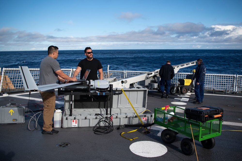 ScanEagle UAS team launches drone from Coast Guard Cutter Hamilton while underway in the Atlantic Ocean