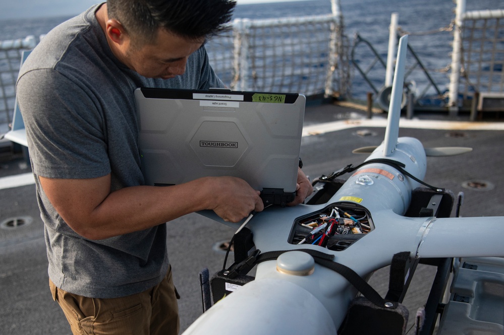 ScanEagle UAS team launches drone from Coast Guard Cutter Hamilton while underway in the Atlantic Ocean