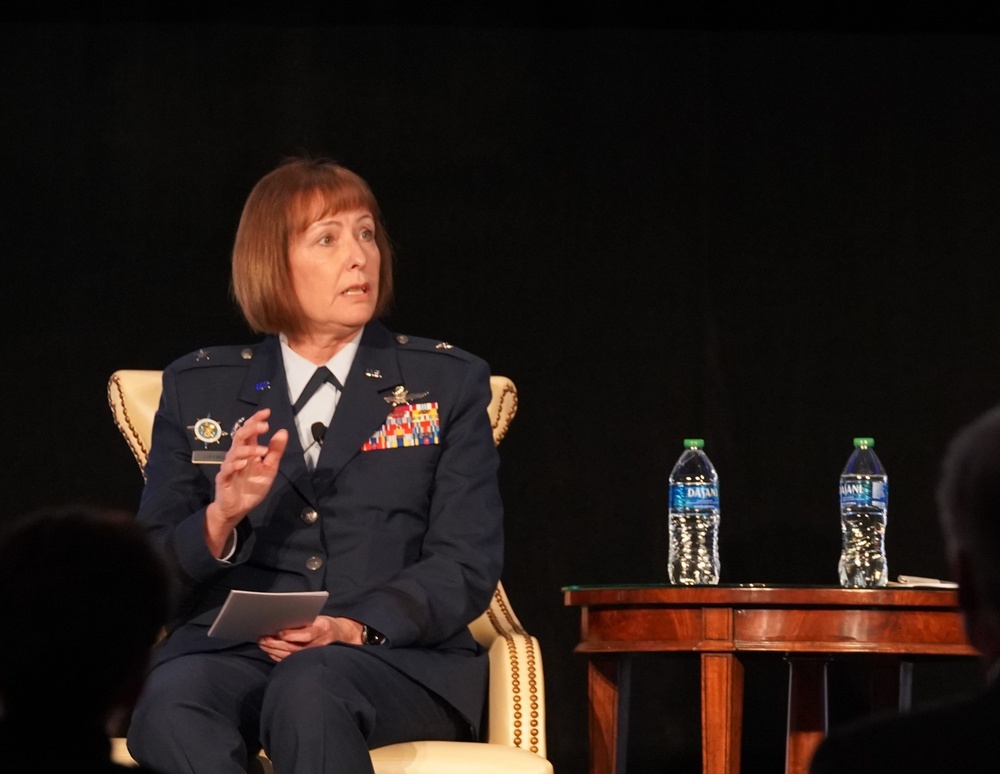 Brig. Gen. Michelle Hayworth speaks during a cybersecurity panel at the 2022 National Defense Transportation Association – USTRANSCOM Fall Meeting