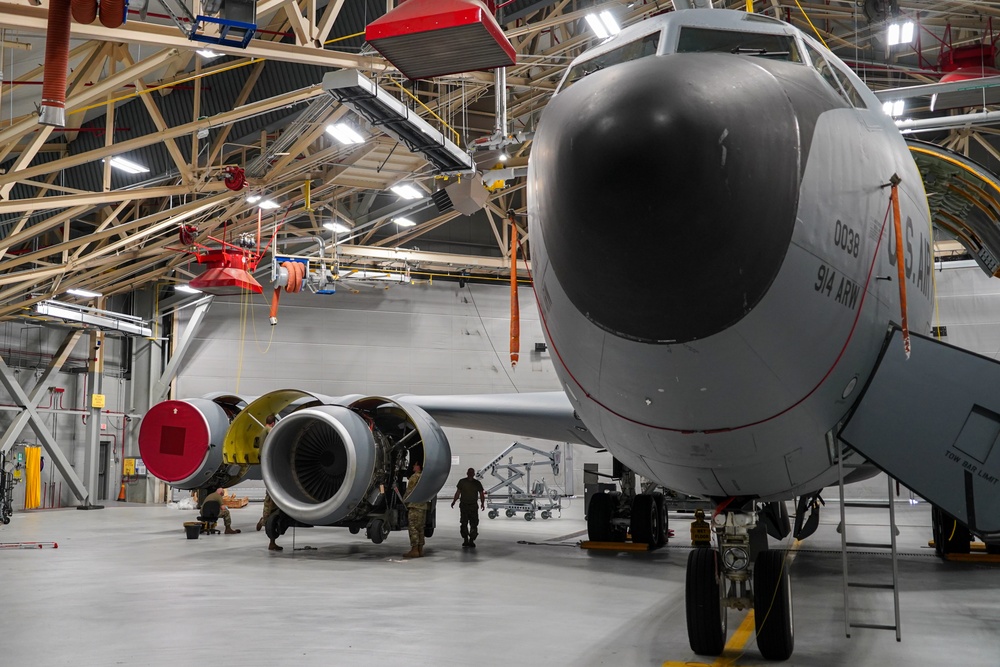 KC-135 sitting in hangar for engine repair