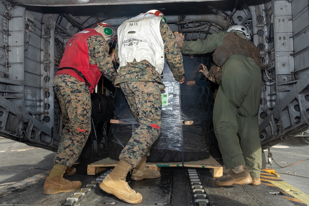 Combat Logistics Regiment 37 supports simulated medical resupply with Marine Heavy Helicopter Squadron 361