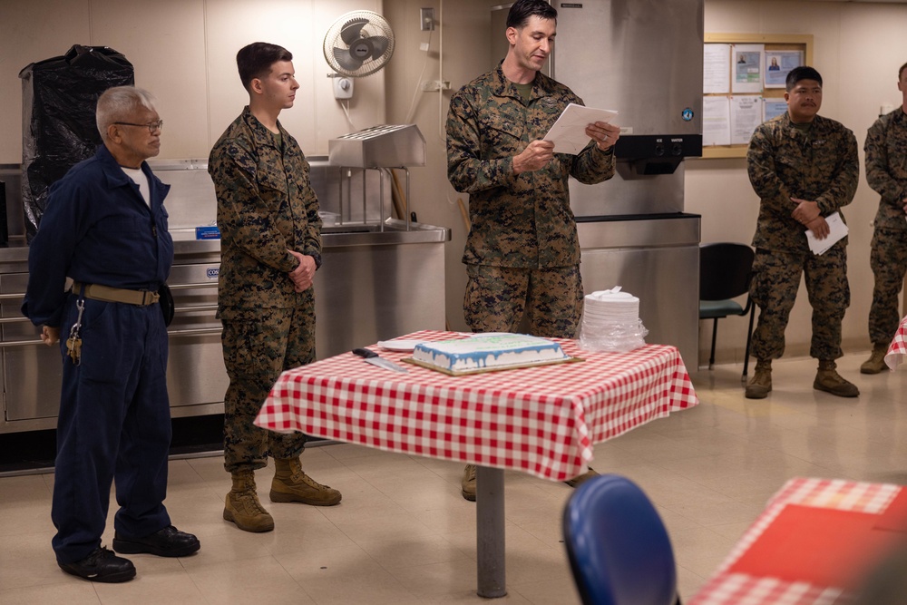 Combat Logistics Regiment 37 Marines and Sailors celebrate Navy Birthday aboard USNS Sacagawea