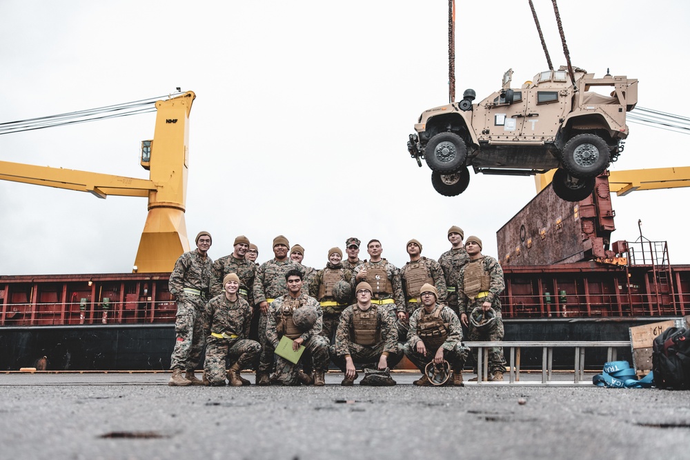 Combat Logistics Battalion 6 offloads equipment in preparation for Freezing Winds 22